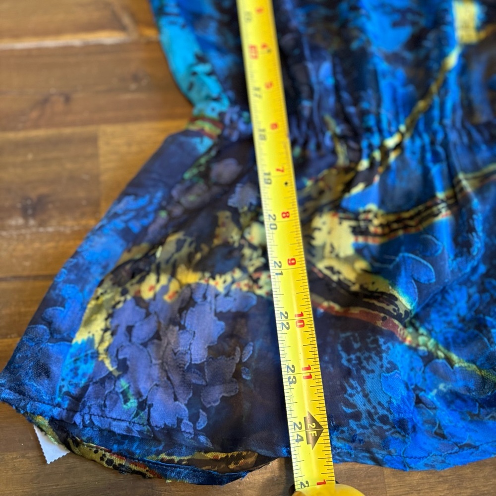 Cache Silk Blend Blouse Blue Gold Marble Ruffle Whimsical Flowy Boho Celestial S - Picture 7 of 8